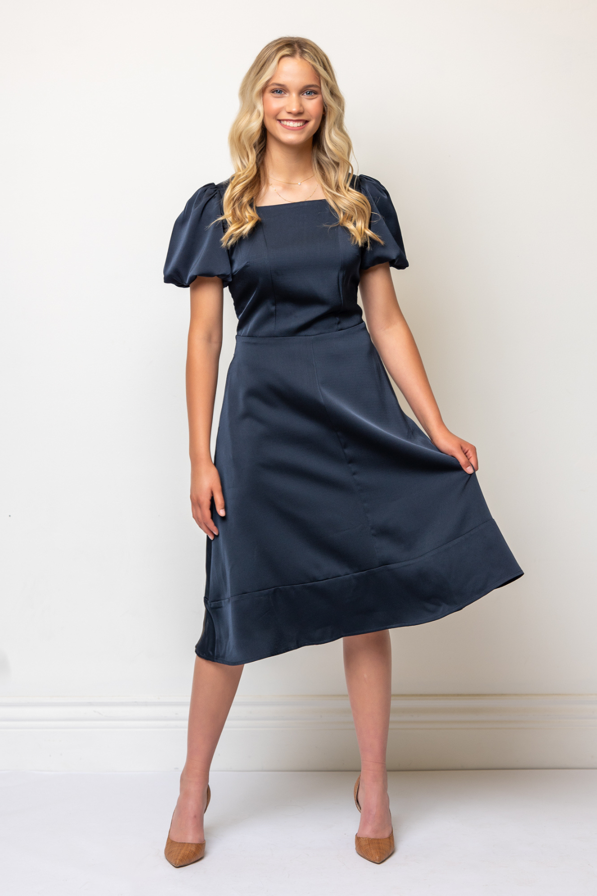 Margaret Satin Midi Dress in Navy