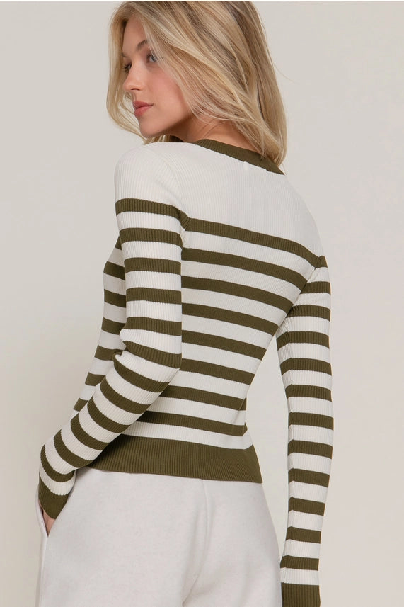 Crew Neck Striped Cardigan