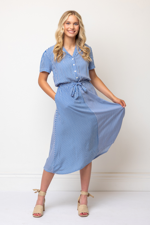 Zelie Shirt Dress in Blue & White Contrast Stripe | Florence Adams