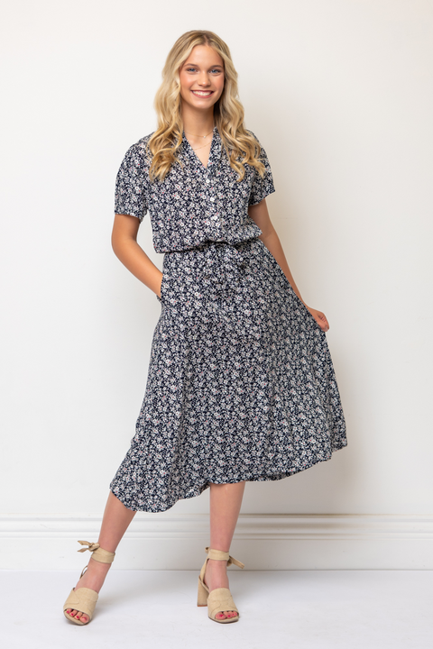 Zelie Shirt Dress in Dark Navy Ditsy Floral | Florence Adams