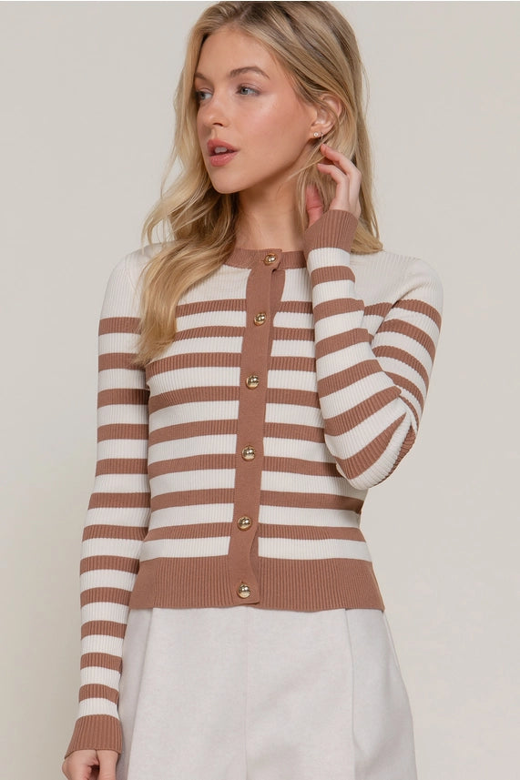 Crew Neck Striped Cardigan
