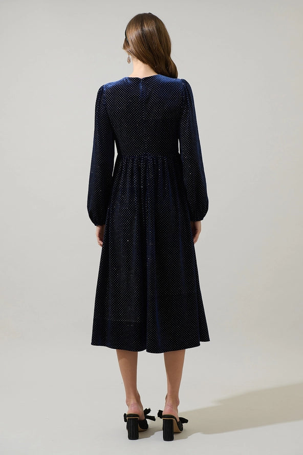 The Nelly Dot Velvet Glow Bow Midi Dress