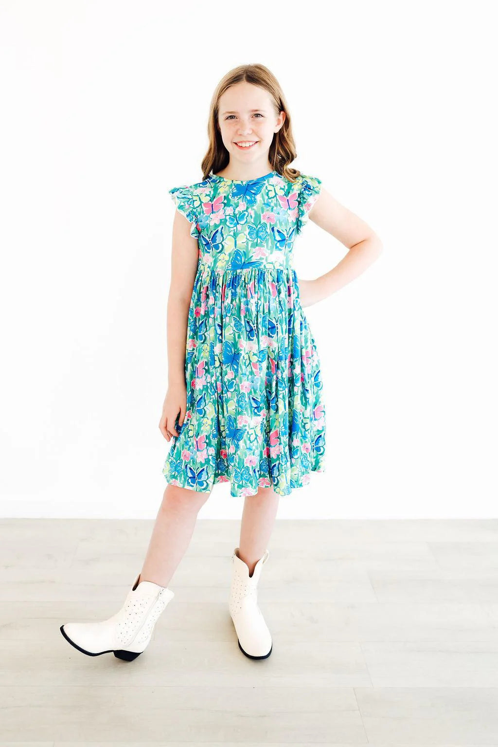 Watercolor Butterflies Flutter Sleeve Twirl Dress