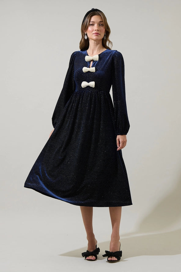 The Nelly Dot Velvet Glow Bow Midi Dress