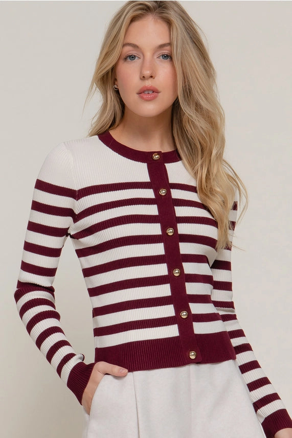 Crew Neck Striped Cardigan