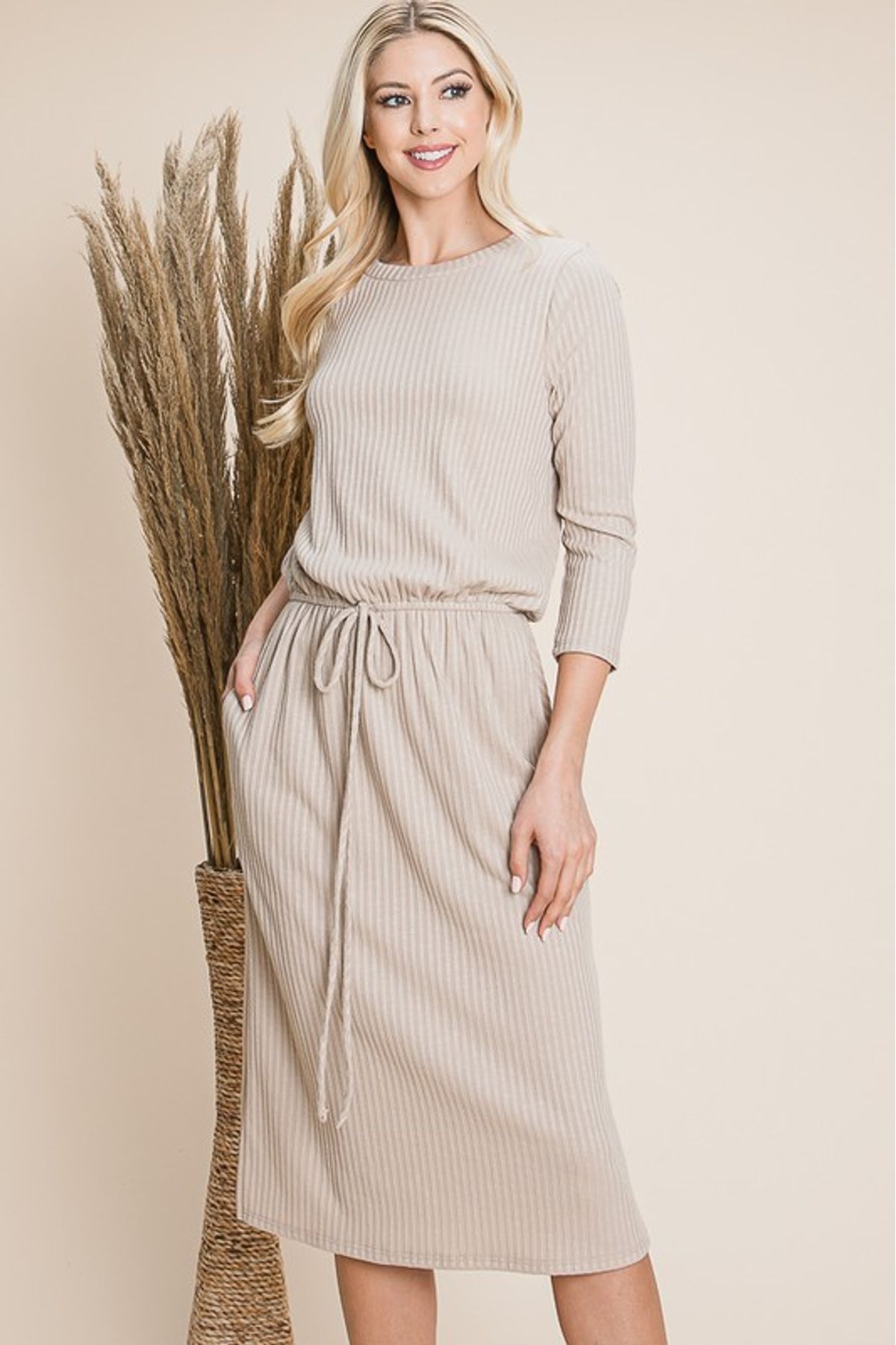 Rowen Ribbed Midi Dress in Taupe