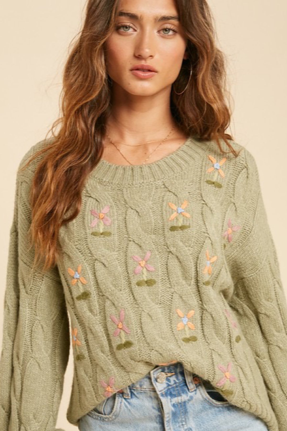 Julia Embroidered Cable Knit Sweater