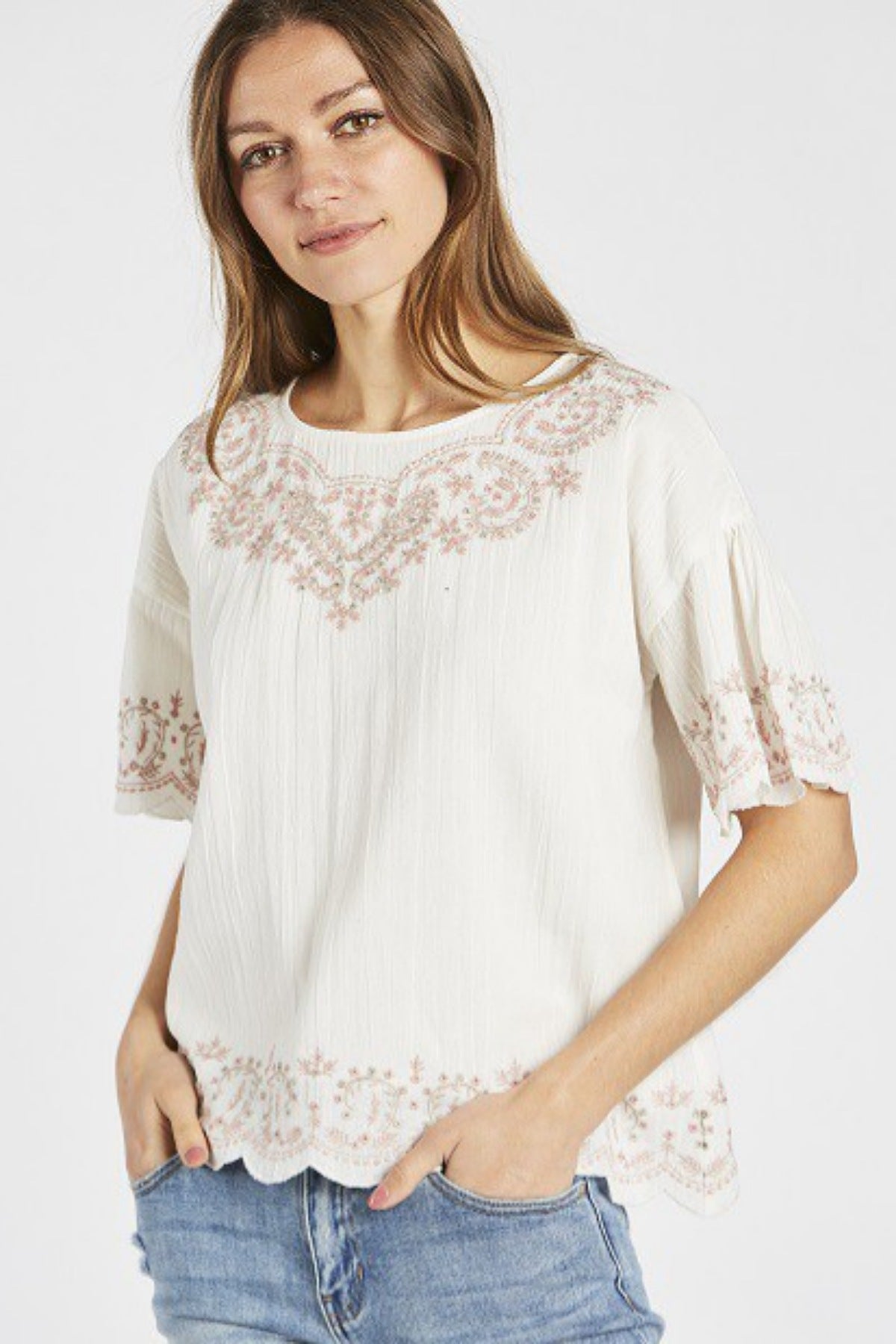 Adaline Embroidered Top in Ivory